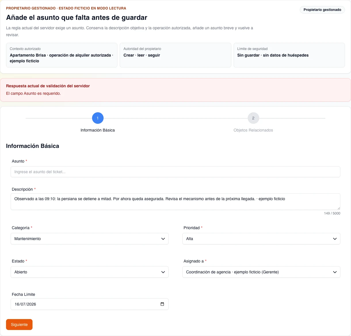 Formulario real de ticket en español con el asunto vacío y la respuesta vigente del servidor «El campo subject es requerido.»; el resto del contexto ficticio permanece visible y no se guarda nada.