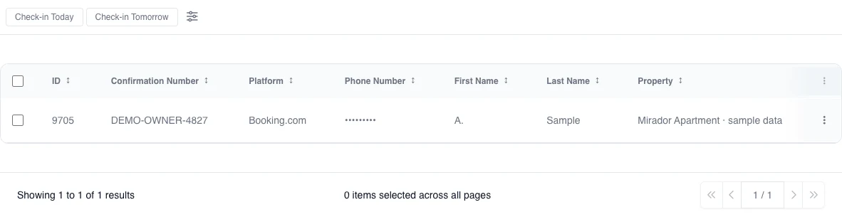 Real English Reservations list for an agency-managed owner with one fictional authorized record, external reference, platform, masked contact, and sample property.