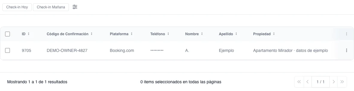 Listado real de Reservas para un propietario gestionado con un único registro ficticio autorizado, referencia externa, plataforma, contacto enmascarado y propiedad de ejemplo.