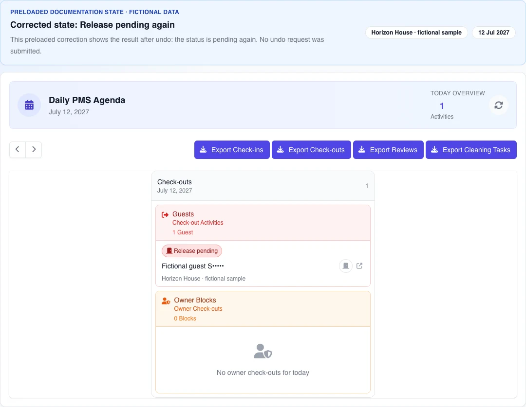 Real agenda after a preloaded correction: the fictional check-out is Release pending again without changing the reservation.