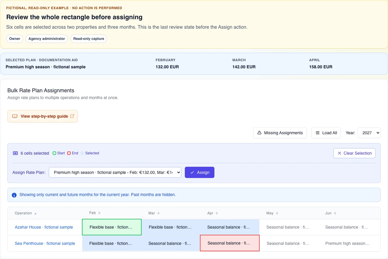 Real English desktop review with six cells selected across Azahar House and Sea Penthouse from February through April, marked endpoints, and Premium high season prepared; this is a fictional, read-only example and no action is performed.