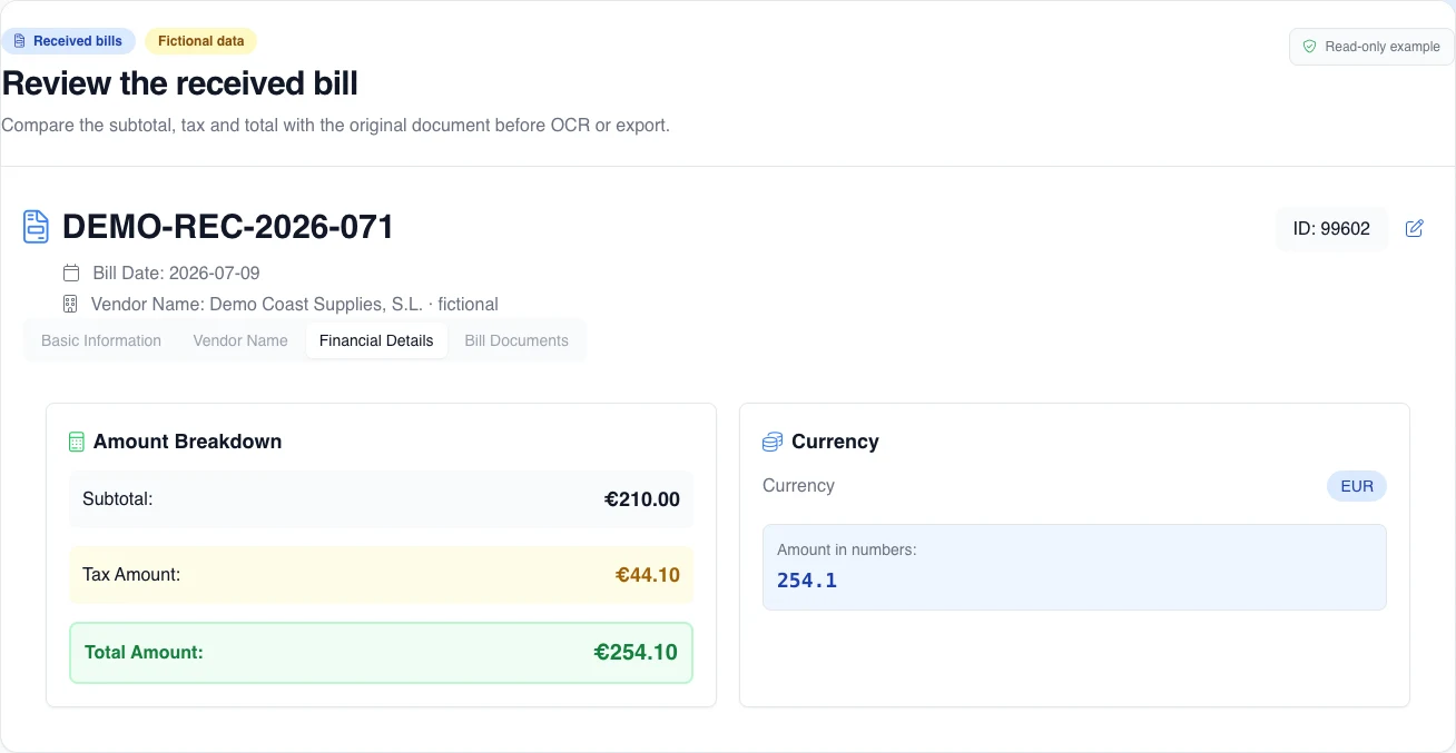 Read-only fictional received-bill review with authorized access: supplier, date, subtotal, tax, total, and currency before using OCR or exporting.