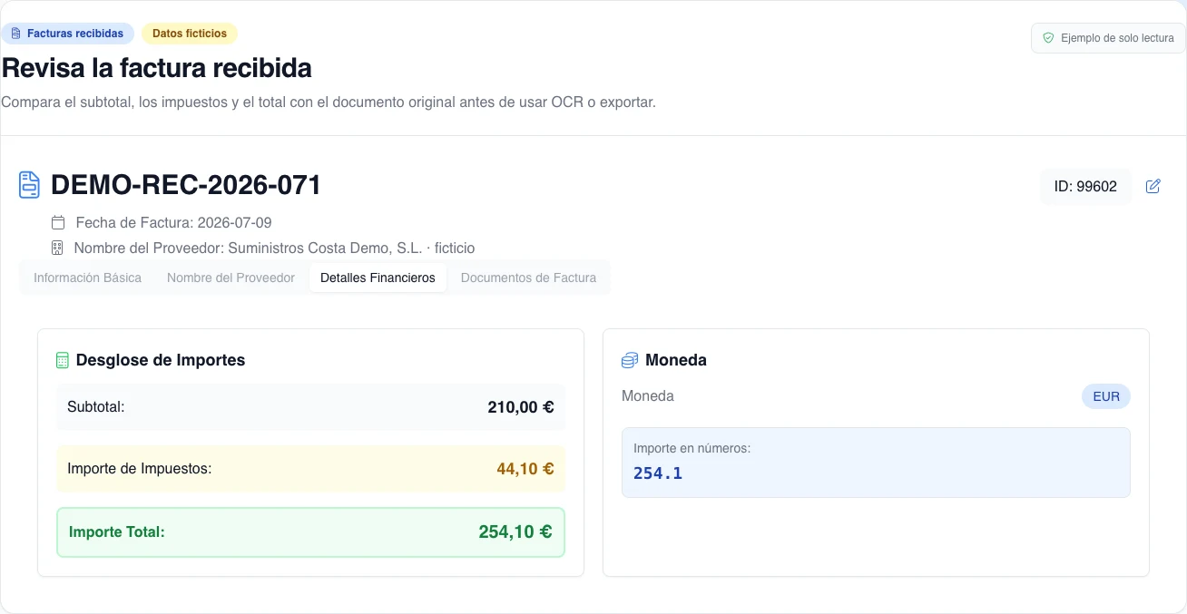 Revisión ficticia y de solo lectura de una factura recibida con acceso autorizado: proveedor, fecha, subtotal, impuestos, total y moneda antes de usar OCR o exportar.