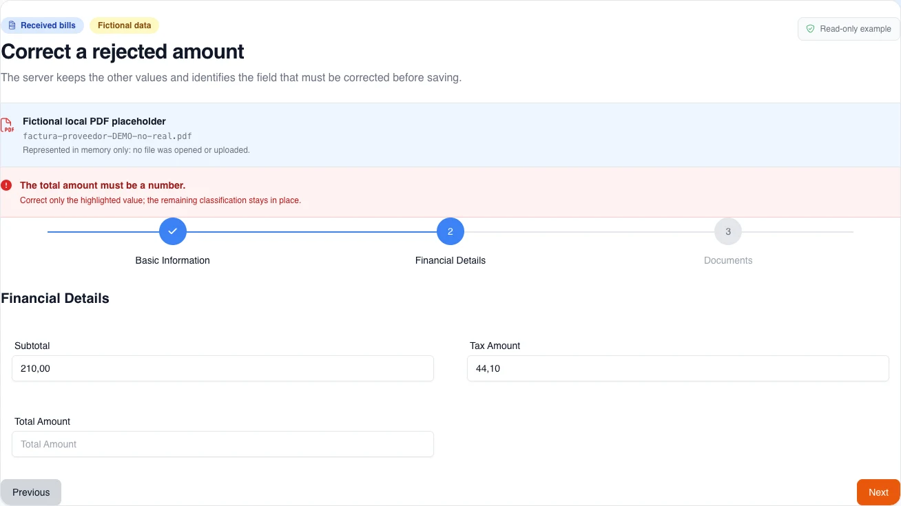 Read-only fictional recovery form after server validation of a received bill: subtotal and tax retained, total rejected, and number controls using the browser's native formatting.