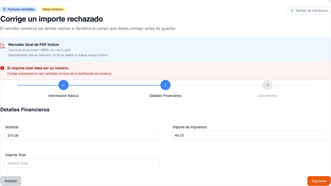 Formulario ficticio y de solo lectura para recuperar una factura recibida tras la validación del servidor: subtotal e impuestos conservados, total rechazado y controles numéricos con el formato nativo del navegador.