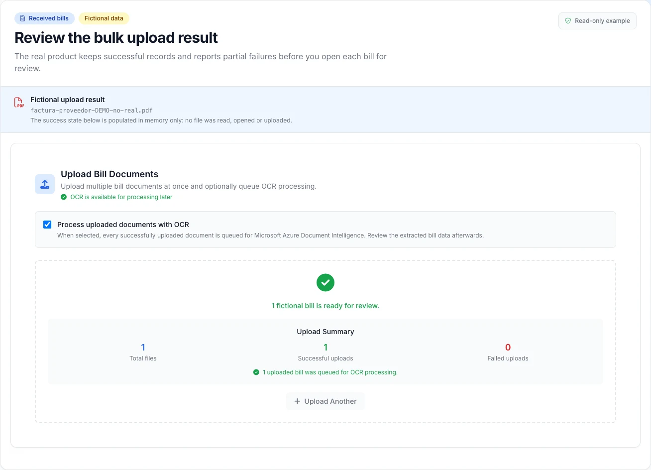 Read-only fictional received-bill bulk upload with OCR requested: one successful file, zero failures, and one bill queued.
