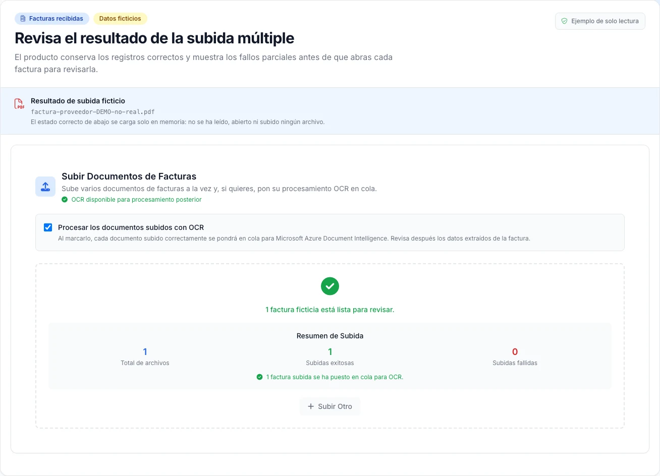 Resultado ficticio y de solo lectura de una subida múltiple de facturas recibidas con OCR solicitado: un archivo correcto, cero fallos y una factura puesta en cola.