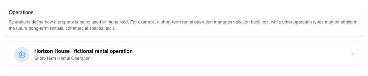Real expected Property > Operations layout with one preloaded fictional rental card; it does not represent an executed create action.