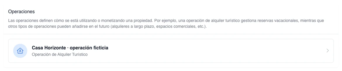 Resultado esperado real de Propiedad > Operaciones con una tarjeta ficticia de alquiler turístico precargada; no representa una creación ejecutada.