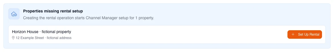 Real Properties notice with one fictional property awaiting setup and the Set Up Rental action.