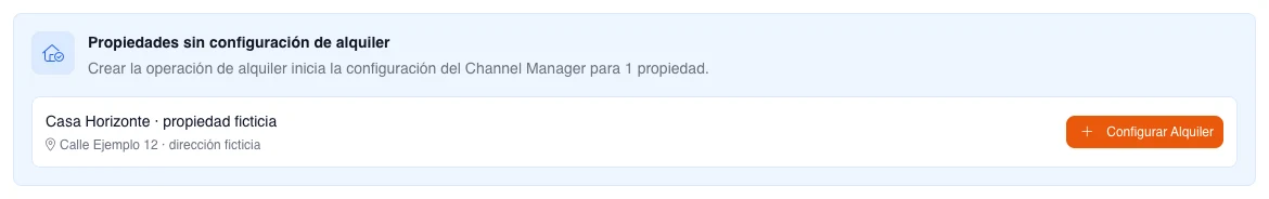 Aviso real de Propiedades en español con una propiedad ficticia pendiente de configuración y el acceso Configurar Alquiler.