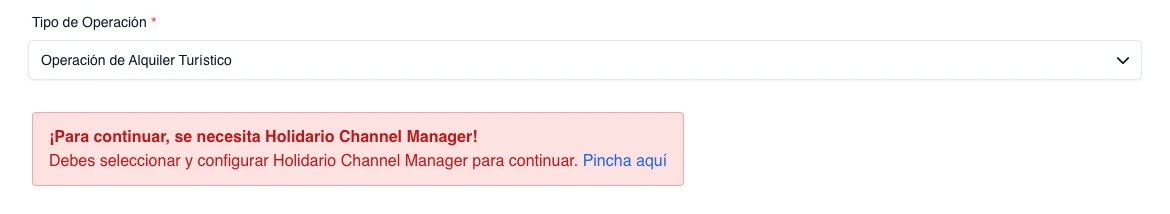 Tipo Operación de Alquiler Turístico y aviso real de que falta aprovisionar Holidario Channel Manager.
