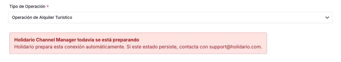 Tipo Operación de Alquiler Turístico y aviso real de que Holidario Channel Manager se está preparando automáticamente.