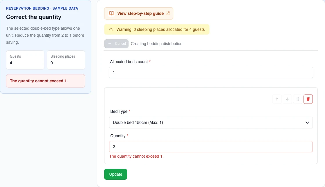 Real manual-allocation form with a double bed limited to one unit, fictional quantity two, and the Quantity cannot exceed 1 error; it cannot submit.