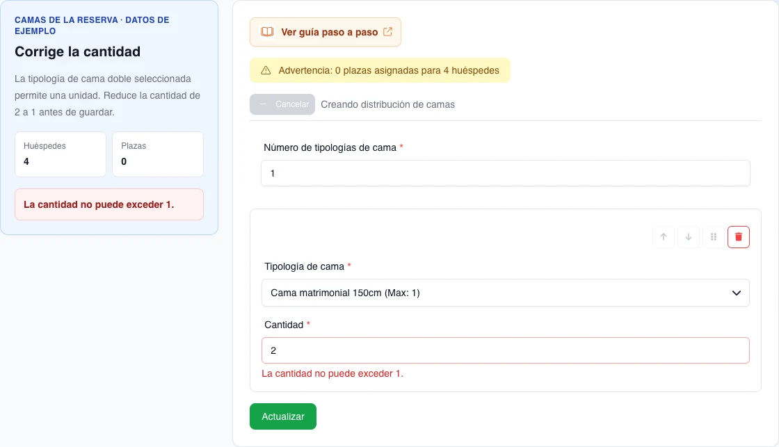 Formulario real de asignación manual con una cama matrimonial limitada a una unidad, cantidad ficticia dos y el error La cantidad no puede exceder 1; no puede enviarse.