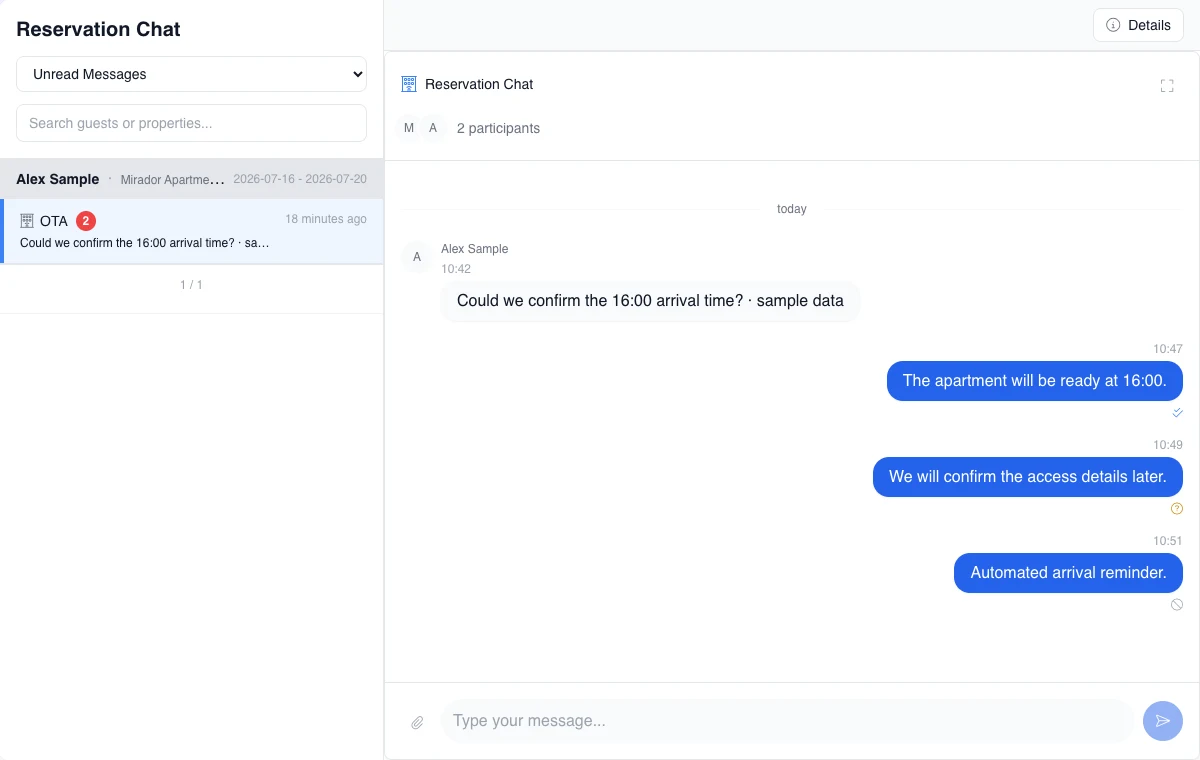 Real OTA conversation with fictional examples of accepted, unconfirmed, and expired message states.