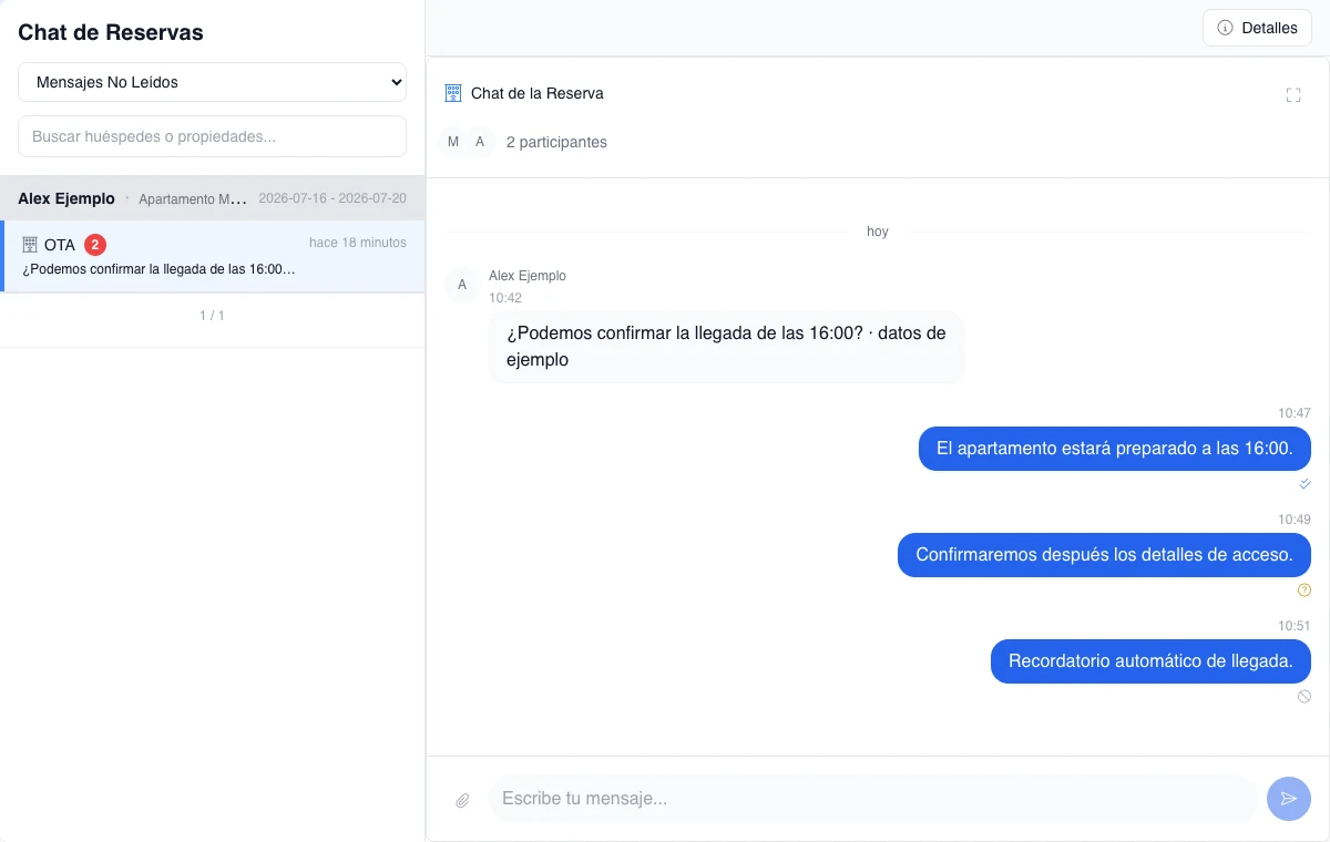 Conversación OTA real con ejemplos ficticios de mensaje aceptado, entrega no confirmada y mensaje caducado.