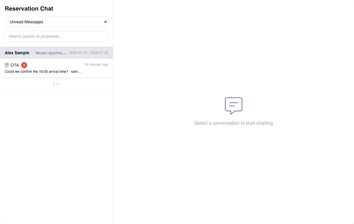 Real Reservation Chat inbox filtered to unread messages, with one fictional OTA reservation and two pending messages.