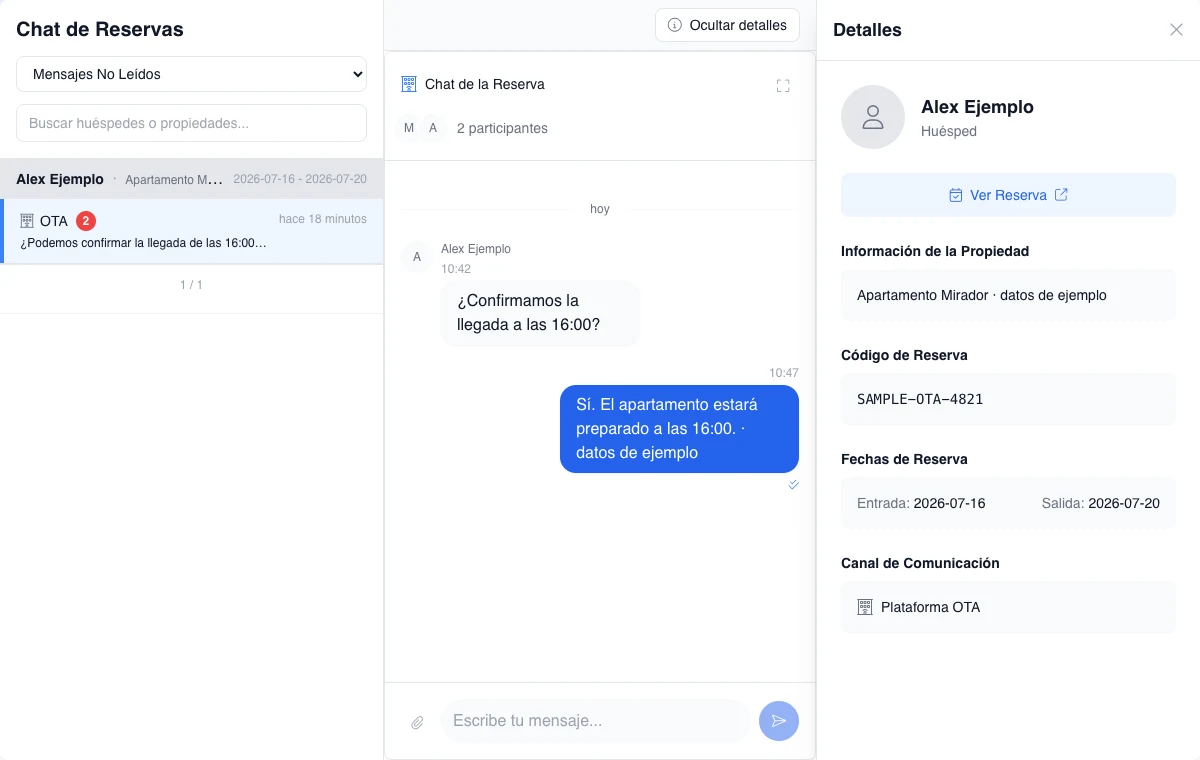 Chat OTA real con los detalles ficticios de huésped, propiedad, código y fechas visibles antes de responder.