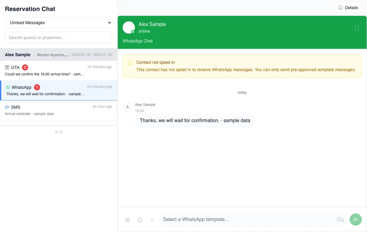 Real WhatsApp chat showing the contact opt-in warning and template selector with fictional data.