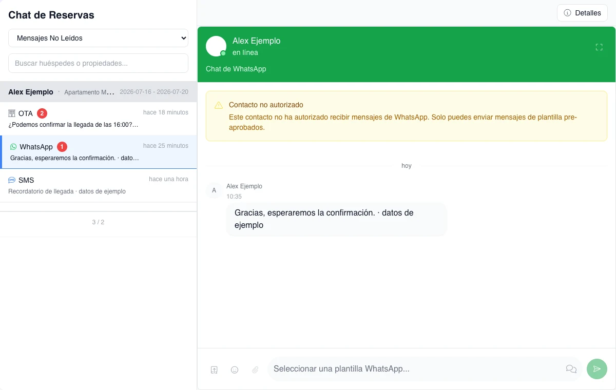 Chat real de WhatsApp con el aviso de contacto no autorizado y el selector de plantilla, usando datos ficticios.