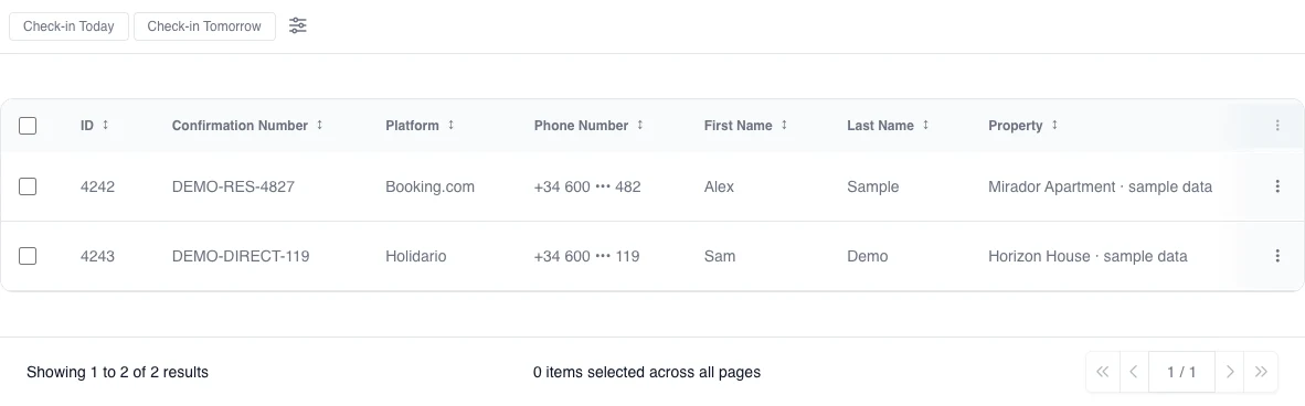 English real Reservations list with two wholly fictional records: demo reference, platform, masked phone, sample guest, and sample property.