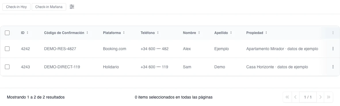 Listado real de Reservas con dos registros totalmente ficticios: referencia de demostración, plataforma, teléfono enmascarado, huésped y propiedad de ejemplo.
