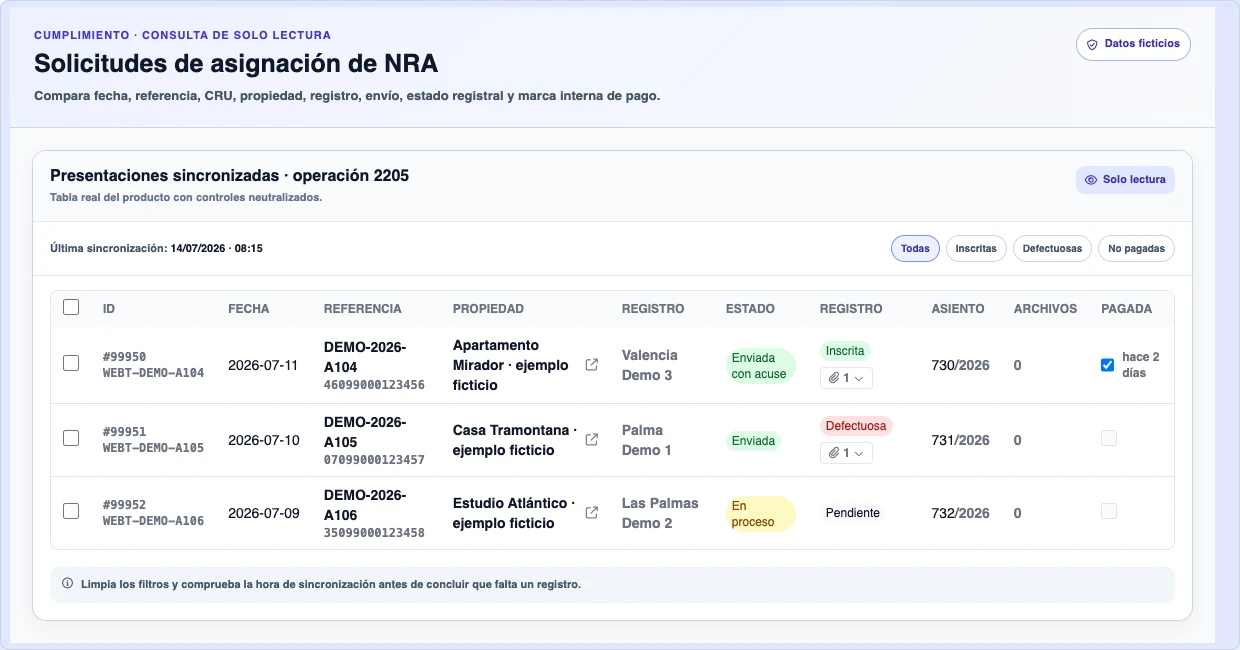 Tabla real e inerte de solicitudes NRA ficticias con tres estados registrales, datos de envío y marca de pago interna; la fila #99950 aparece pagada con fecha relativa.