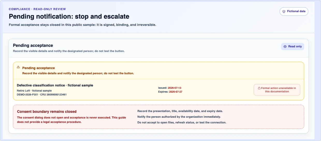 Synthetic boundary for a pending registry notification: it shows dates and evidence, keeps consent closed, and disables the formal action.