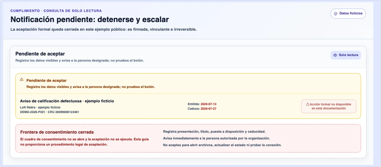 Límite sintético para una notificación registral pendiente: muestra fechas y evidencia, mantiene cerrado el consentimiento y deshabilita la acción formal.