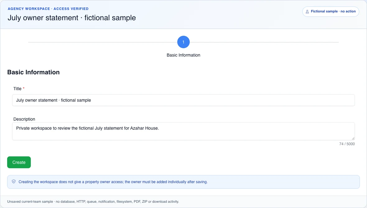 Fictional Shared Document form for creating a private owner-statement workspace, with title, description, an inert Create control, and notice that access is granted afterward.