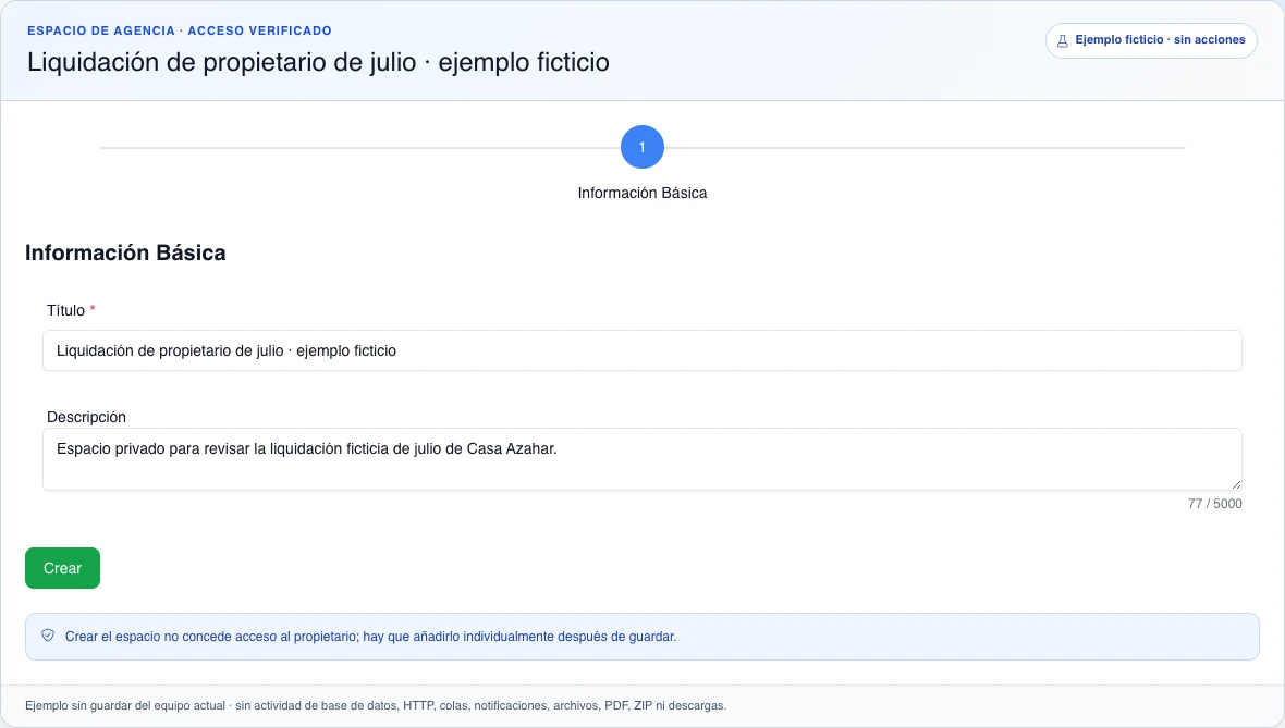 Formulario ficticio de Documento Compartido para crear el espacio privado de una liquidación de propietario, con título, descripción, control Crear inerte y aviso de que el acceso se concede después.