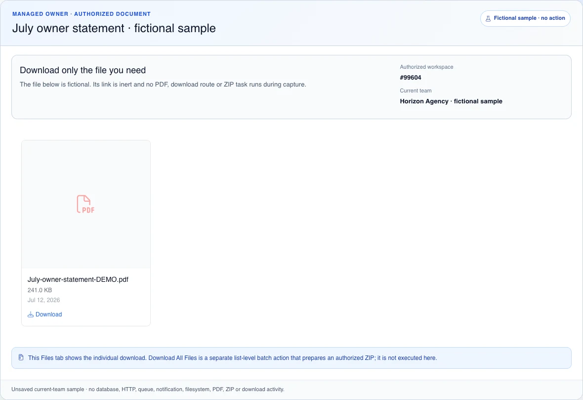 English Shared Document Files tab with one fictional owner-statement PDF and an inert individual-download link.