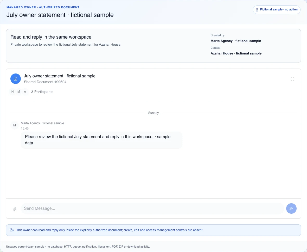 Authorized fictional Shared Document conversation with one agency message and an inert reply field for the managed property owner.
