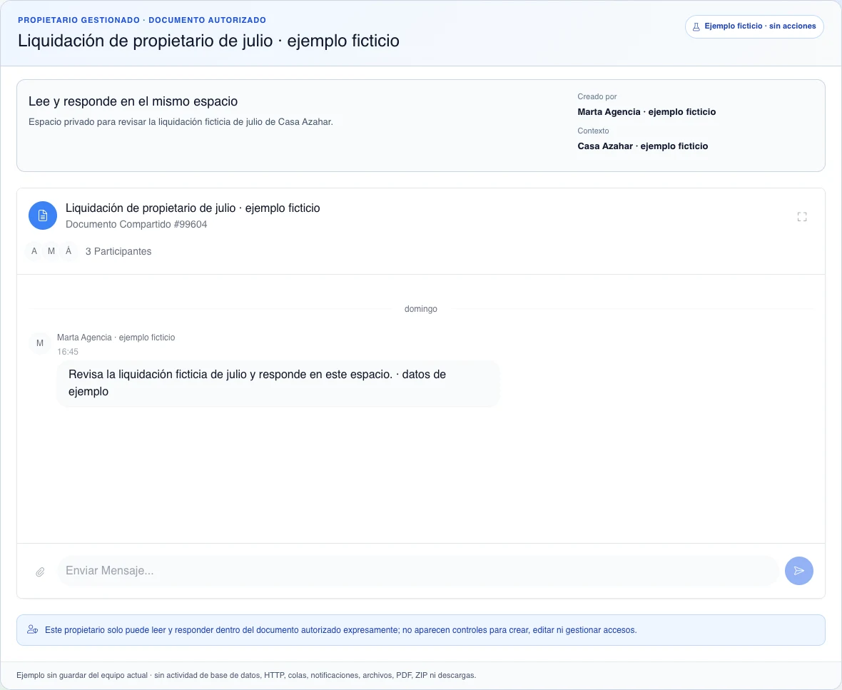 Conversación ficticia y autorizada de un Documento Compartido, con un único mensaje de la agencia y el campo de respuesta inerte para el propietario gestionado.