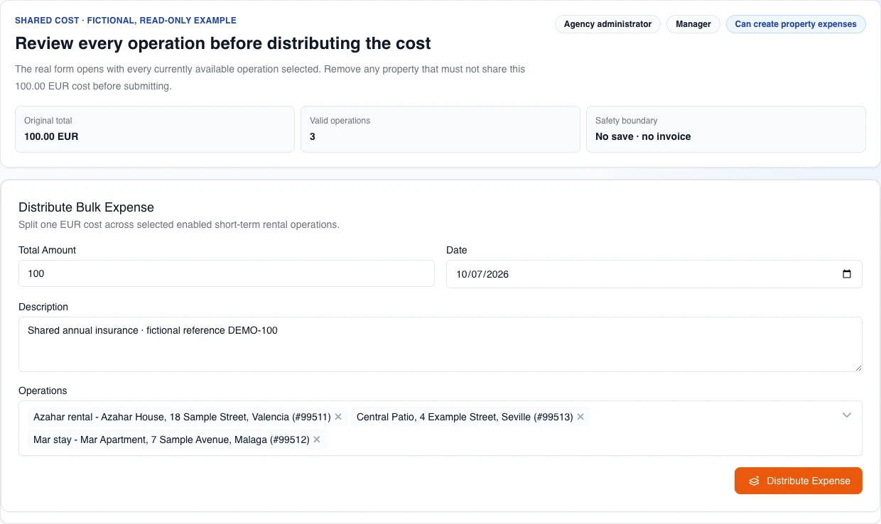 Real English desktop form for splitting a shared expense: it shows the friendly “Can create property expenses” permission, the 100.00 EUR total, and three fictional current-team operations selected; it does not submit or create records.