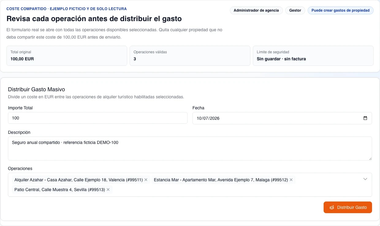 Formulario real de escritorio en español para repartir un gasto común: muestra el permiso legible «Puede crear gastos de propiedad», el total 100,00 EUR y tres operaciones ficticias del equipo actual preseleccionadas; no envía ni crea registros.