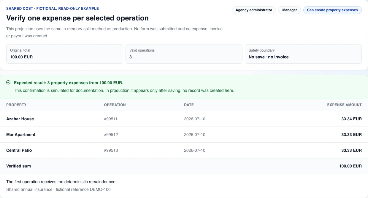 English desktop documentation projection: it shows the friendly “Can create property expenses” permission, the expected result of three expenses from 100.00 EUR, and the 33.34 + 33.33 + 33.33 EUR split; it states that the confirmation is simulated and no records were created.