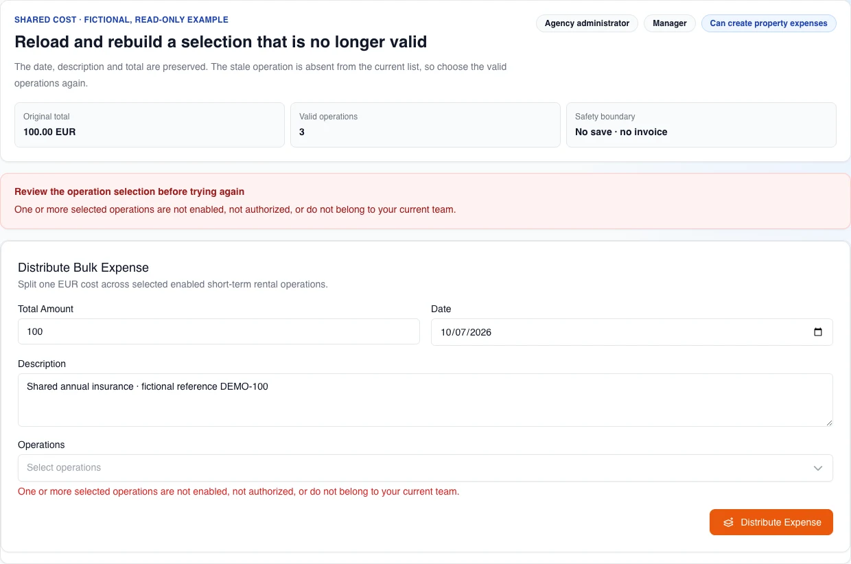 Real English desktop form after an invalid selection: it shows the friendly “Can create property expenses” permission, preserves the 100.00 EUR total, date, and description, presents the exact invalid-operation error, and leaves the current selection empty.
