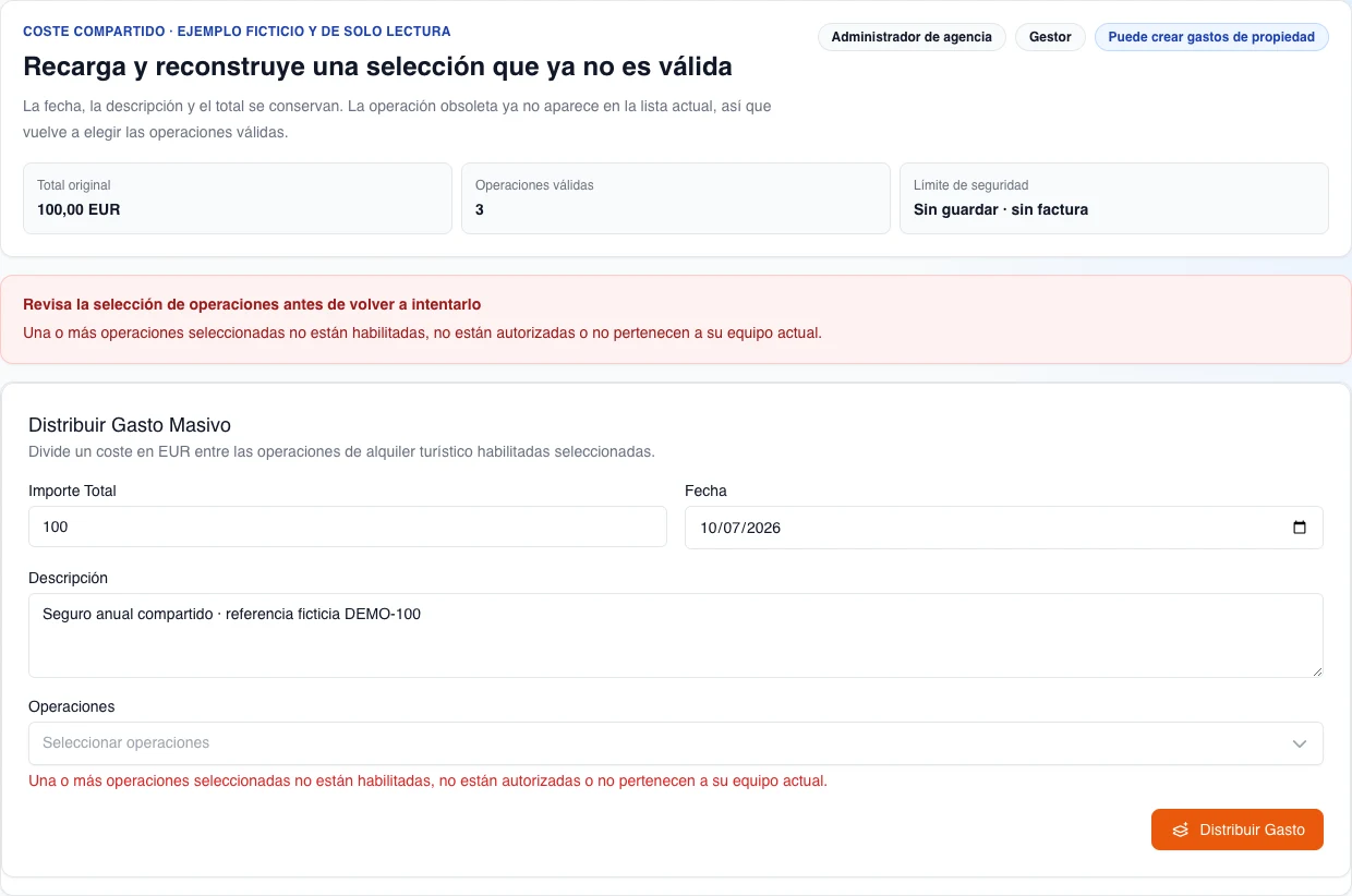 Formulario real de escritorio en español tras una selección inválida: muestra el permiso legible «Puede crear gastos de propiedad», conserva 100,00 EUR, fecha y descripción, presenta el error exacto de operación no válida y deja vacía la selección actual.