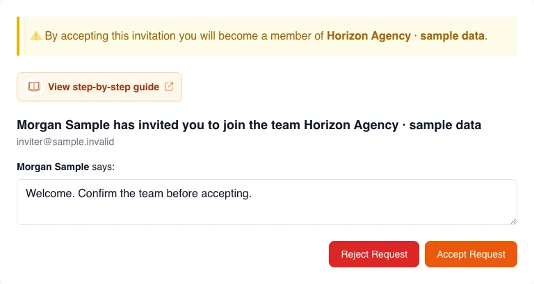 Real English invitation screen with fictional data: agency, inviter, message, and actions to reject or accept.