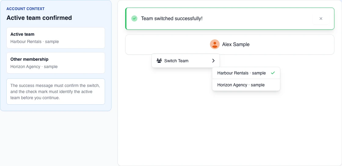Real English desktop state with Team switched successfully and Harbour Rentals marked active in memory; it does not prove persistence.