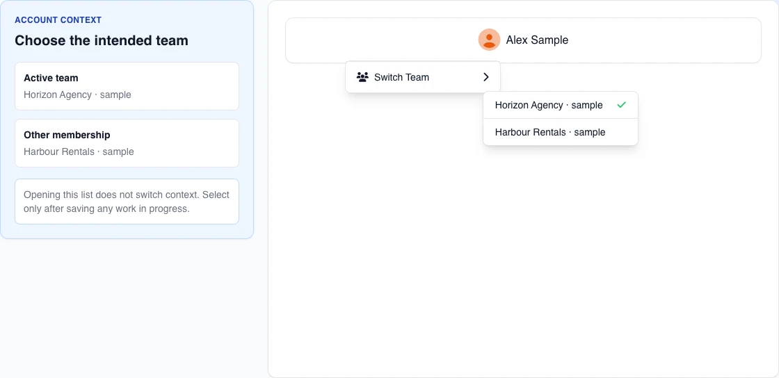 Real English desktop menu with two fictional teams: Horizon Agency is active and Harbour Rentals is available without switching context.