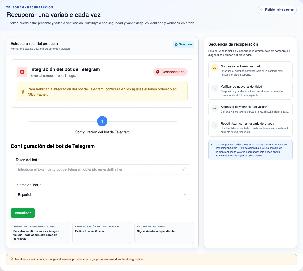 Formulario real de Telegram con token vacío y estado Desconectado ficticio, con una secuencia de recuperación sin mostrar diagnósticos del proveedor.