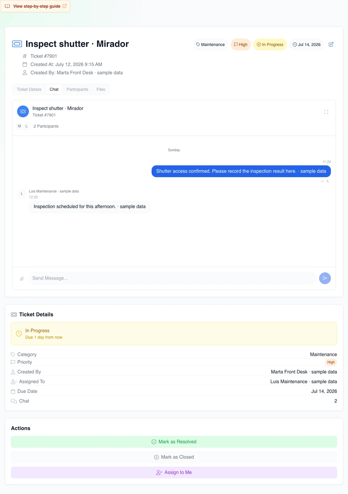 Real Chat tab with two complete fictional messages: front desk reports the fault and maintenance confirms the visit that afternoon.