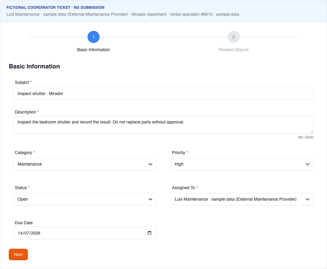 First step of the real ticket form with fictional subject, category, priority, status, assignee, and due date; it cannot submit.