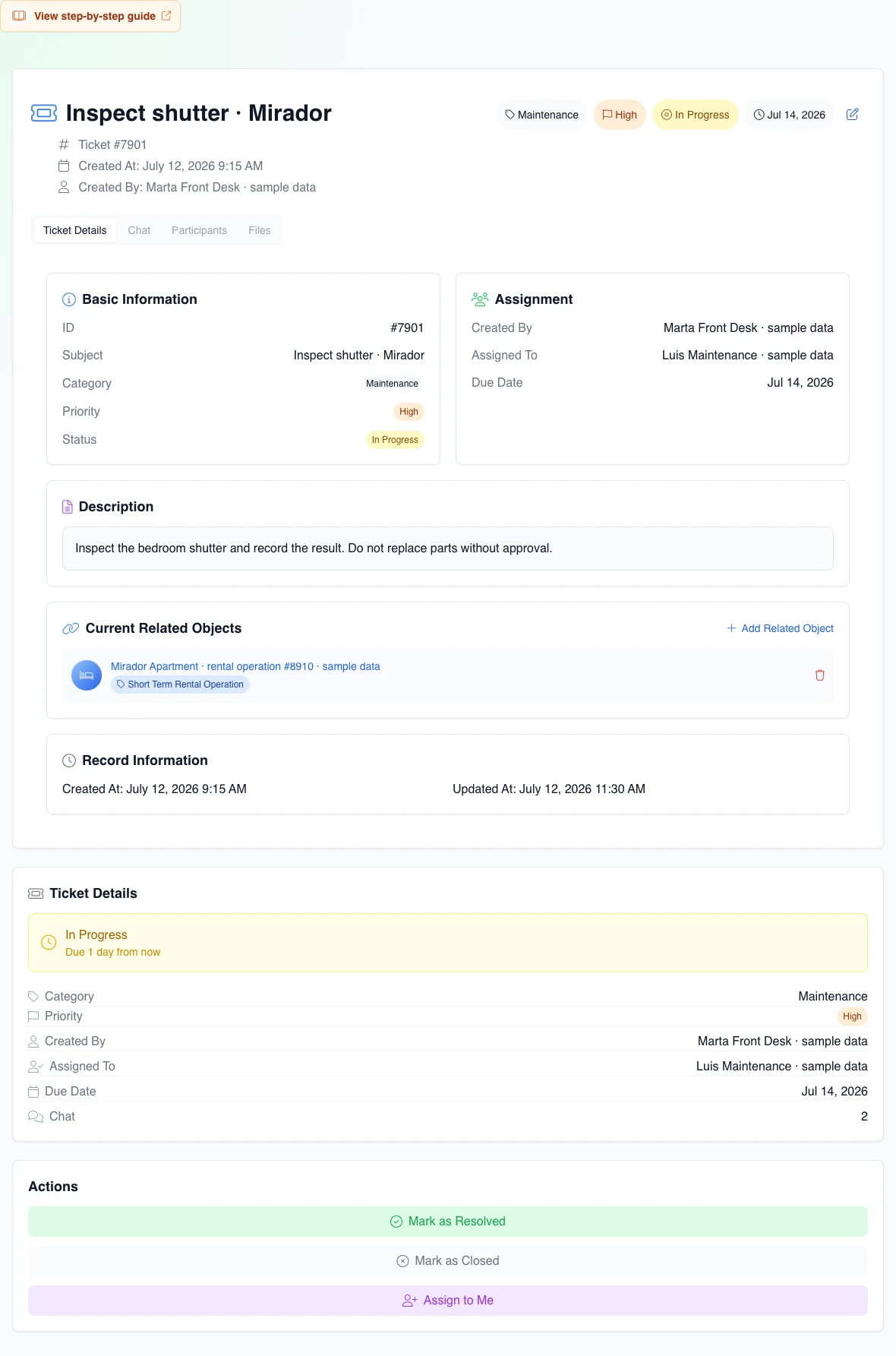 Real ticket Details tab with In Progress status, high priority, assignee, due date, and a related fictional rental operation.