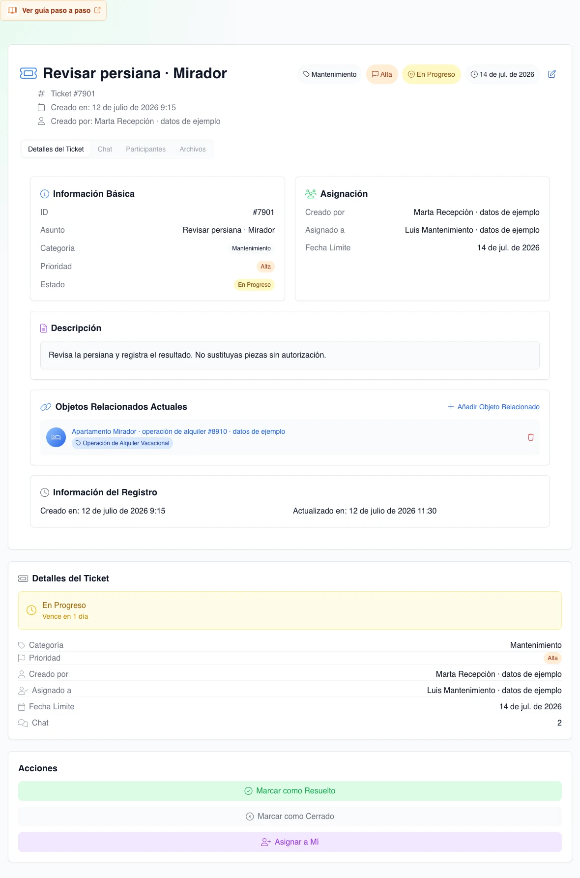 Pestaña Detalles del ticket real con estado En progreso, prioridad alta, responsable, vencimiento y operación ficticia relacionada.