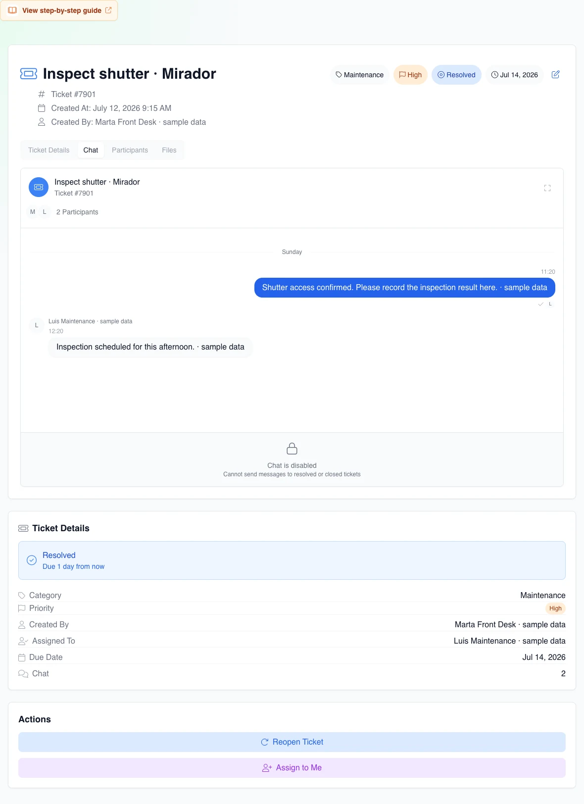 Real ticket in Resolved state with both fictional messages retained, chat disabled, and the inert Reopen Ticket action visible.