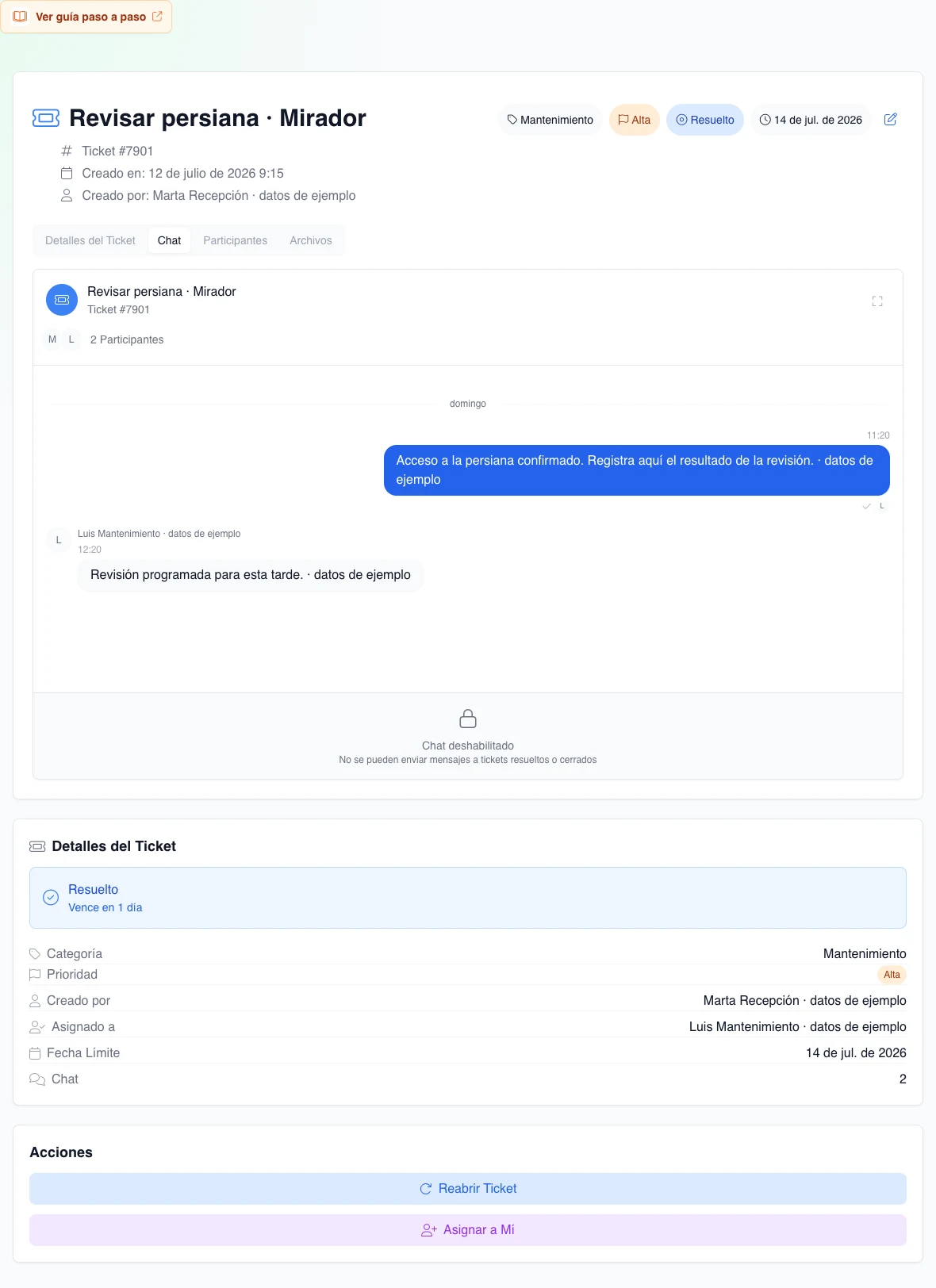 Ticket real en estado Resuelto con los dos mensajes ficticios conservados, chat deshabilitado y acción Reabrir Ticket visible pero inerte.